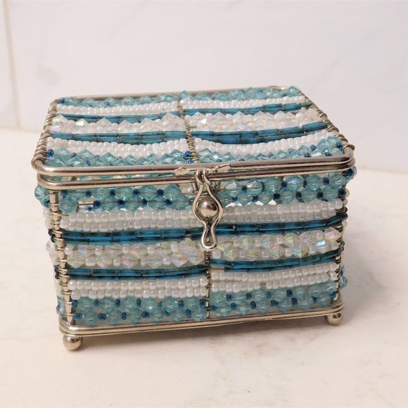Beaded Blue and White Jewelry Box - Picture 1 of 4